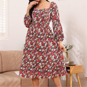 Size Small Women’s Floral Midi Dress Double Puff Sleeves A-line See Size Guide